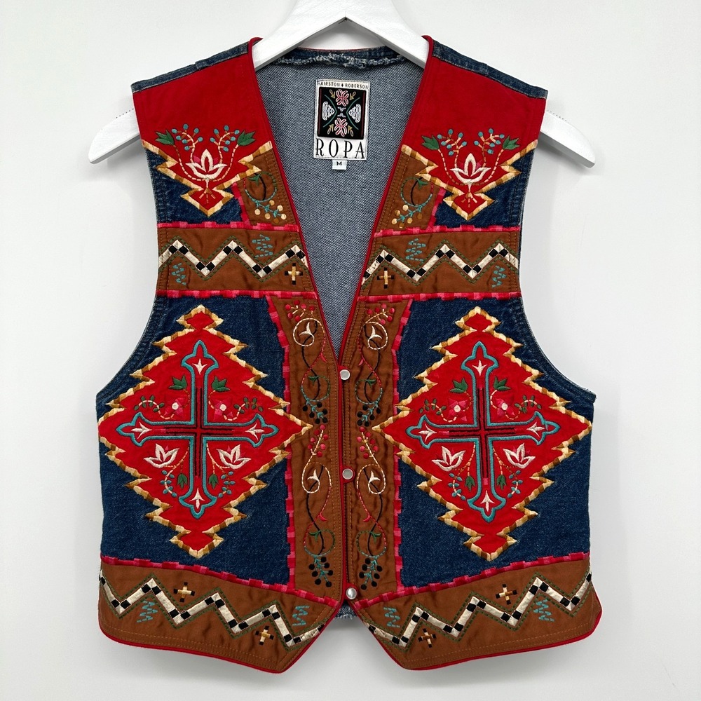 Vintage Hairston Roberson Ropa Denim Vest Medium Embroidered Southwestern Boho‎
